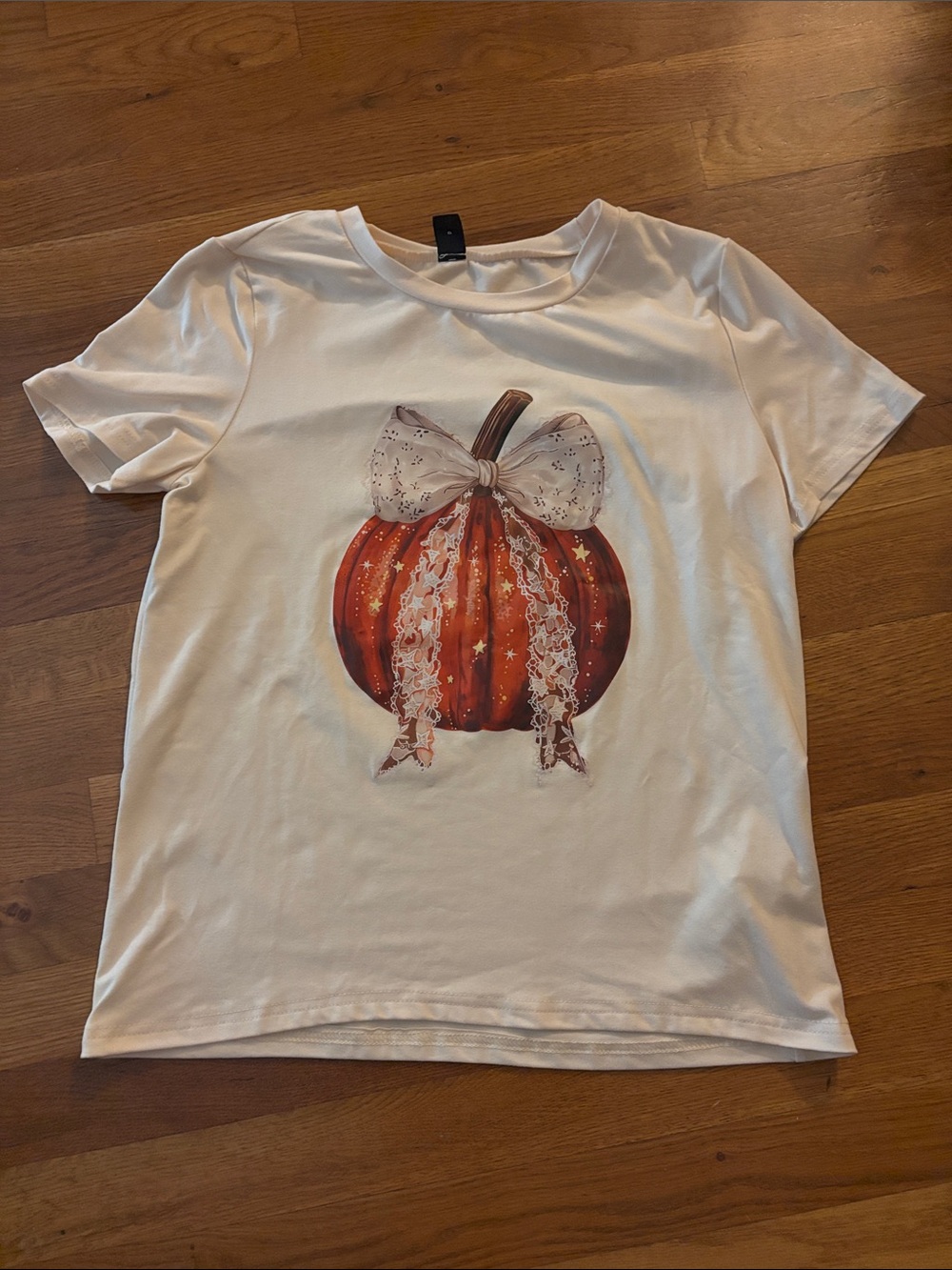 SHEIN Tan Tee with Orange Pumpkin Graphic and Cream Bow